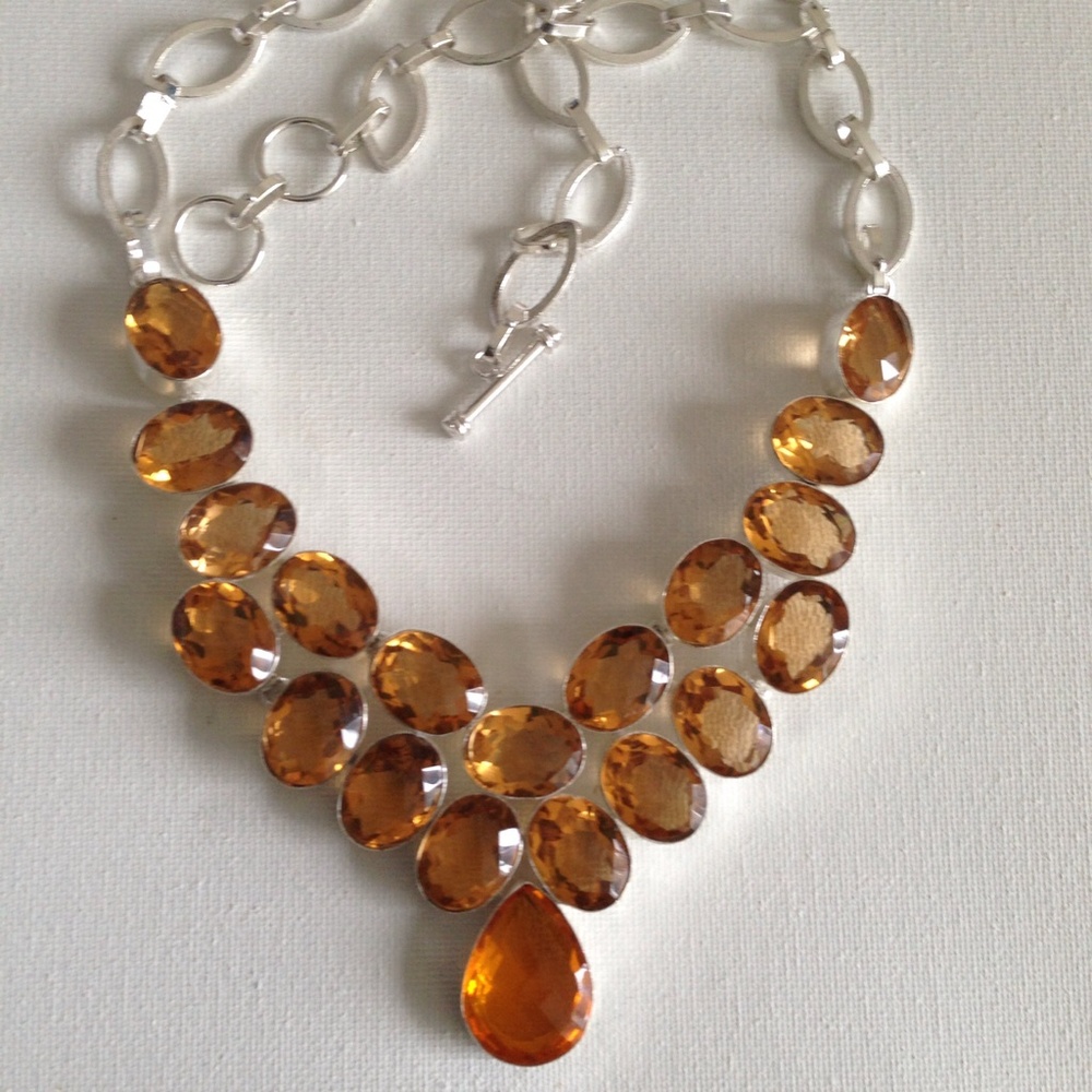 Amber color stones necklace, Sterling Silver